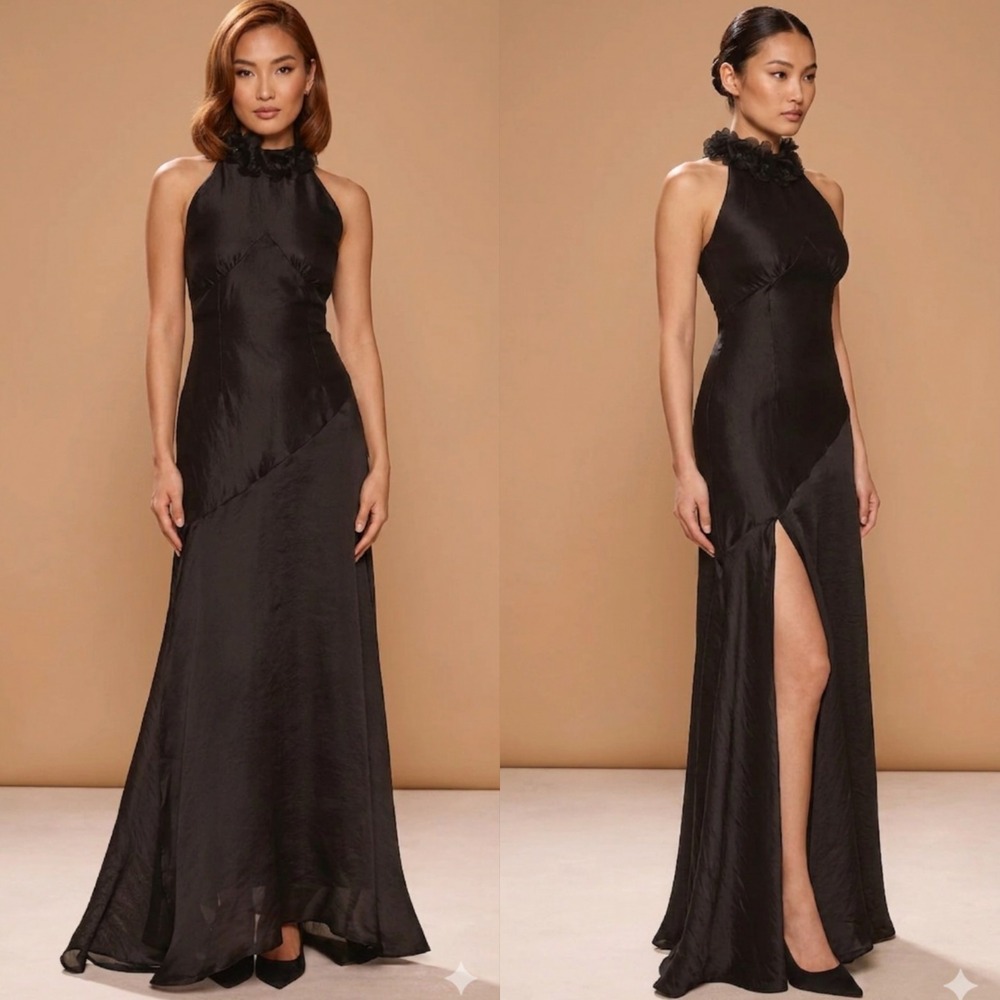 New Sonya Moda Noelle Maxi Dress Black Silk Chiffon Halter Gown L Large Guest